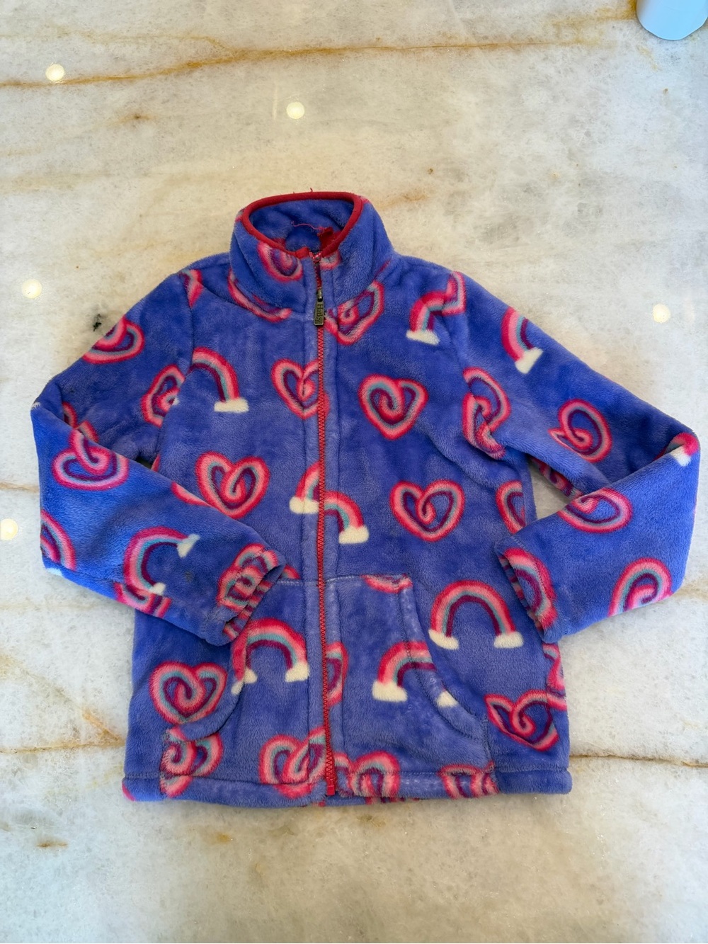 Hatley Kids Purple Fleece Jacket with Hearts & Rainbows - Sz 6